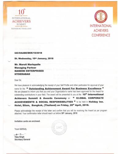 Outstanding Achievement award for Business Excellence